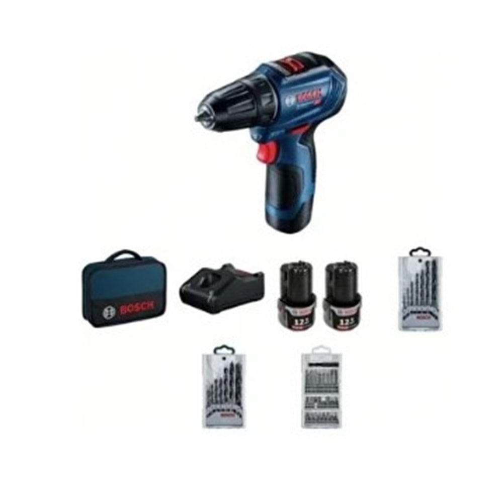 BOSCH AKÜLÜ DELME VIDALAMA GSR 12V-30 (2x2Ah) + 39 parça vidalama seti