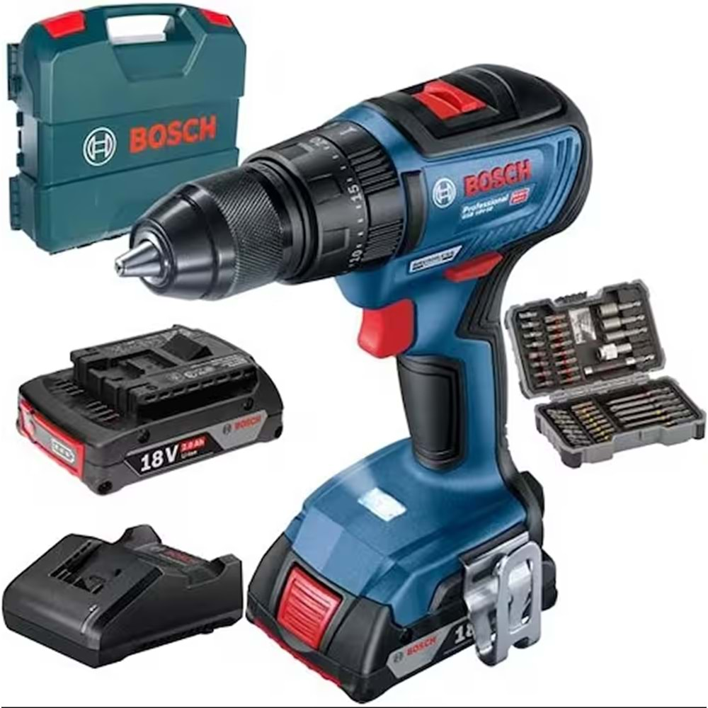 BOSCH AKÜLÜ DELME VİDALAMA DARBELİ GSB 18V-50 + 43 parça AC seti (2 x 2.0 Ah; Case)