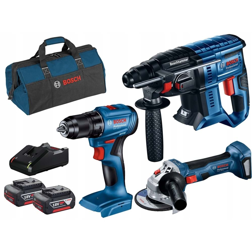 BOSCH AKÜLÜ SET GSR 185-LI + GWS 180-LI + GBH 180-LI (2x4.0Ah;Plastik)