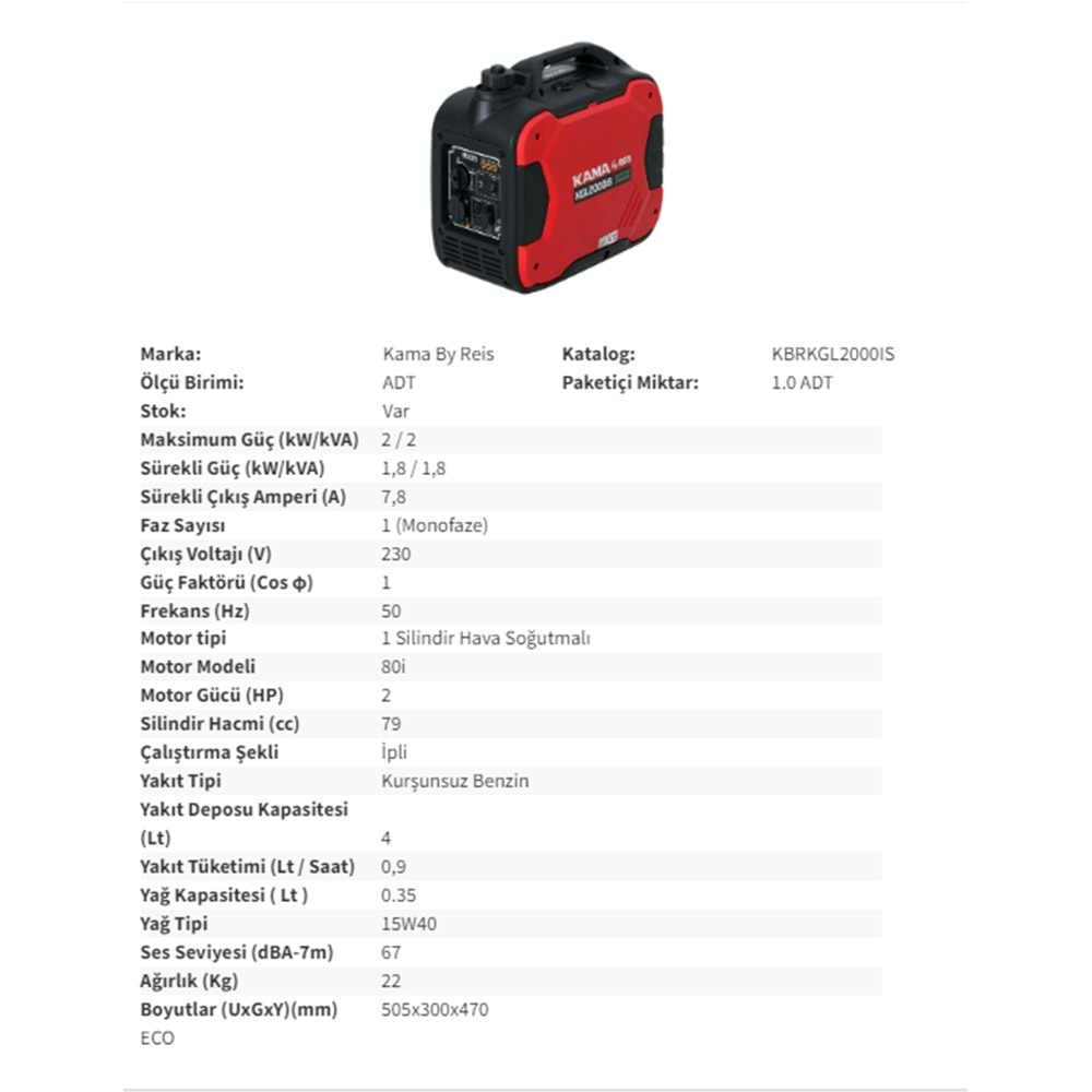 JENERATÖR (1,8-2 kW) INVERTÖRLÜ BENZINLI KGL2000IS KAMA Invertörlü Benzinli Mini