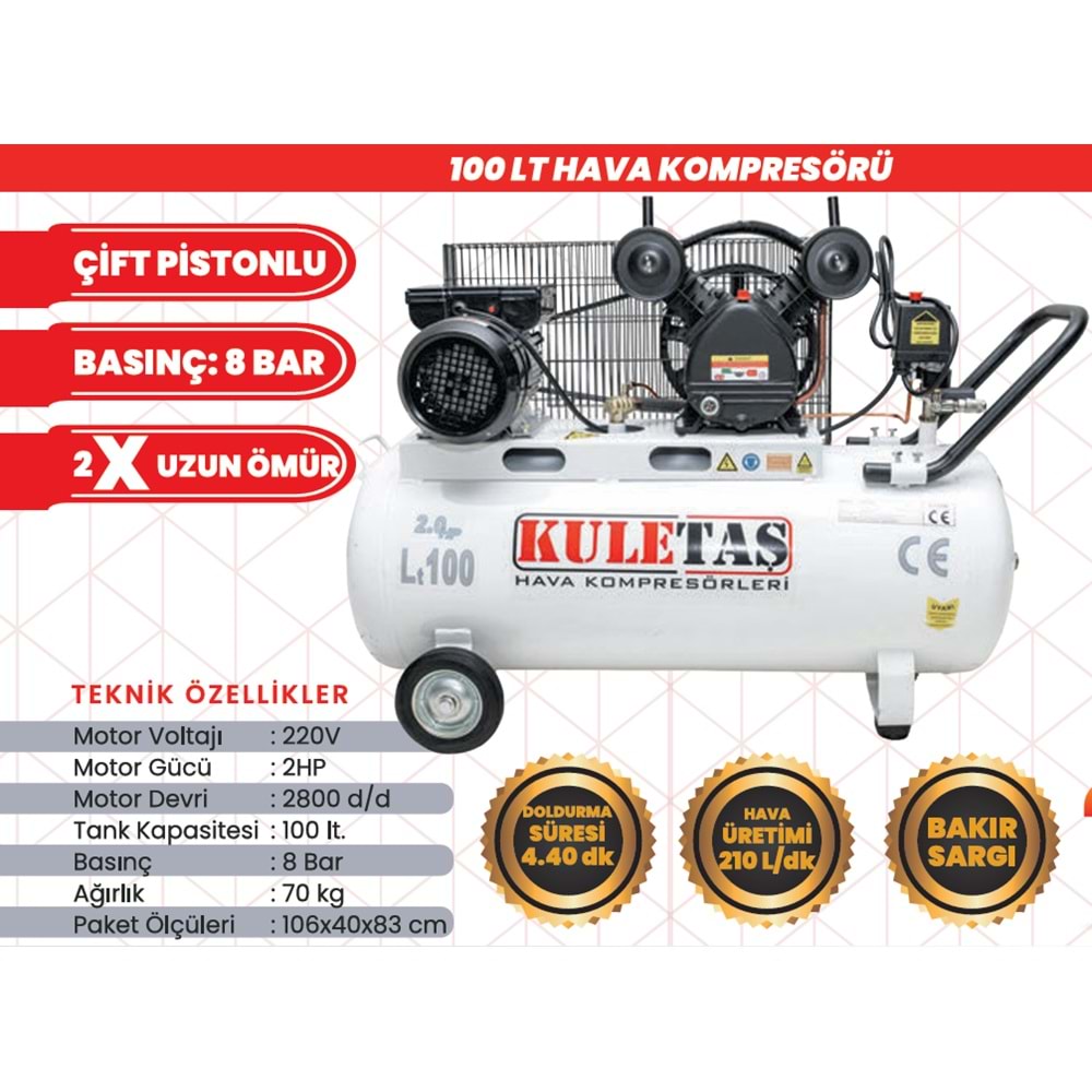KOMPRESÖR 100 LT 2 HP ÇIFT KAFA KULETAS