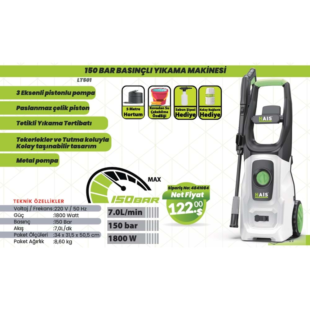 BASINÇLI YIKAMA MAKINASI 150 BAR LT501-1800A HAIS