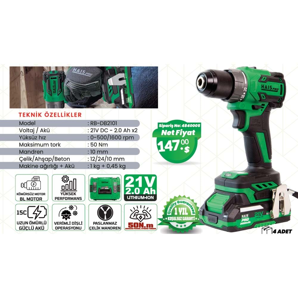 AKÜLÜ VIDALAMA DARBESIZ MATKAP HAIS PRO RB-DB2101 21V 2.0 Ah