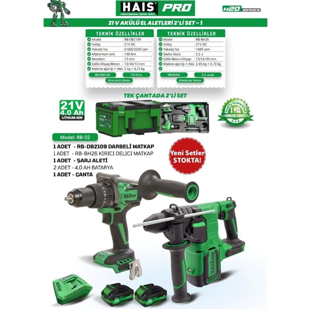 HAISPRO AKÜLÜ SET RB-02 RB-DB2109 + BH26 21V (2x4 Ah)