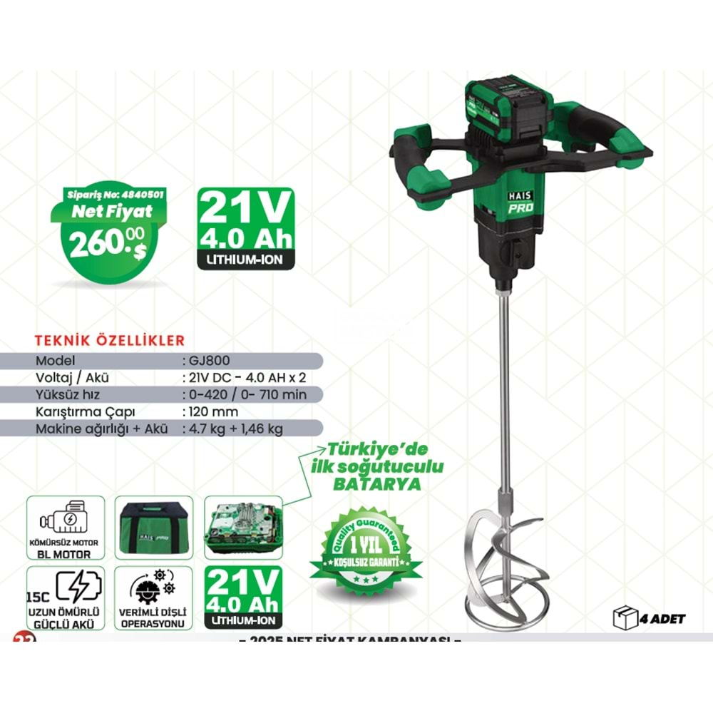 BOYA VE HARÇ KARISTIRICI 120MM 21V 4.0 AH GJ800 HAISPRO