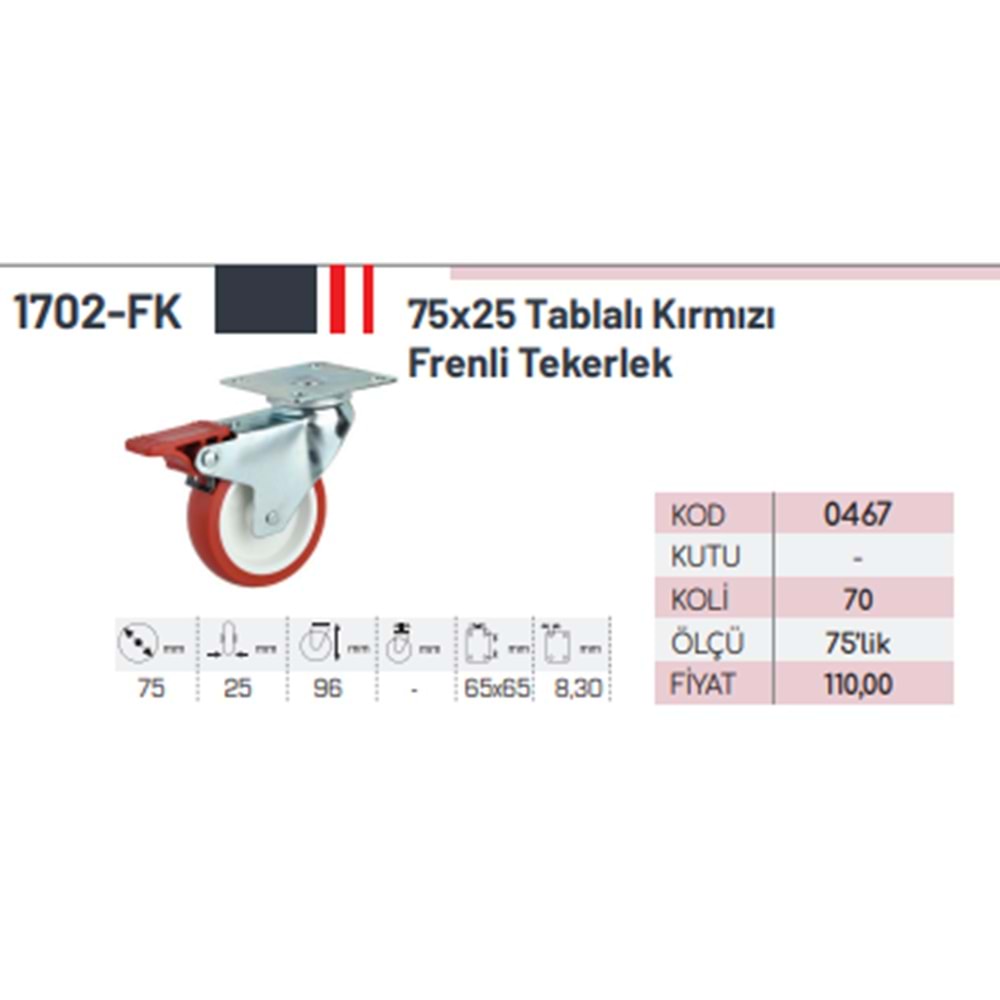 BÜRO TIPI MASA TEKERI KIRMIZI FRENLI TABLALI 1702-KF