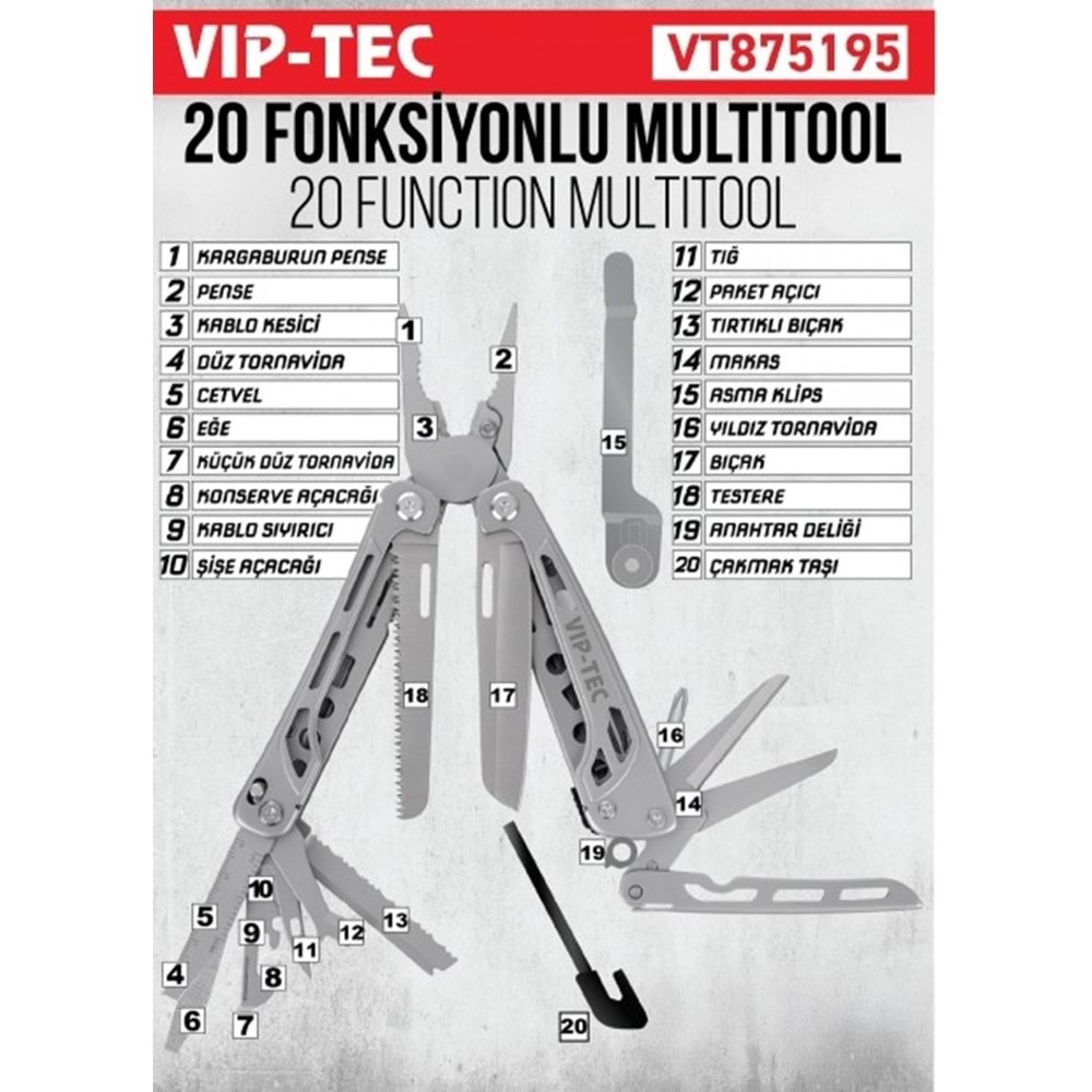 KATLANABILIR 20 FOKSIYONLU MULTITOOL VIP-TEC VT875195