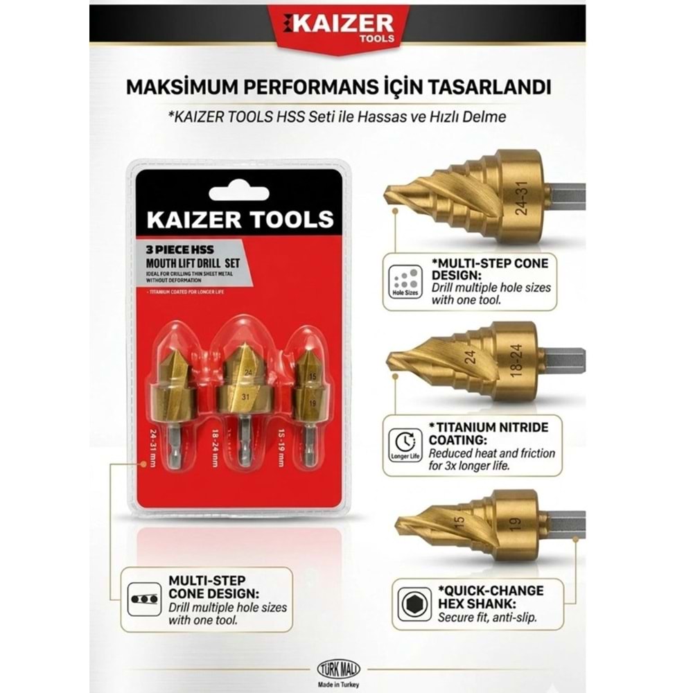 HAVSA MATKAP UCU SETI 3 PARÇA KAIZER TOOLS(Boru Genisletme Ve Delme Ucu Seti)
