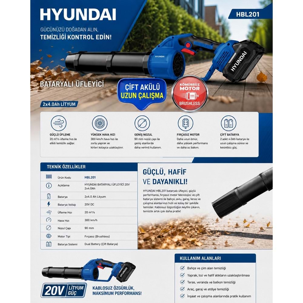 HYUNDAI HBL201 AKÜLÜ ÜFLEME MAKINESI 2x4.0Ah