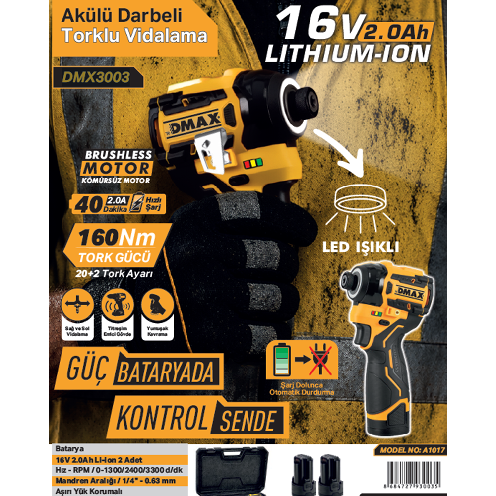 DMAX AKÜLÜ DARBELI TORKLU VIDALAMA 16V 2.0Ah A1017 DMX3003