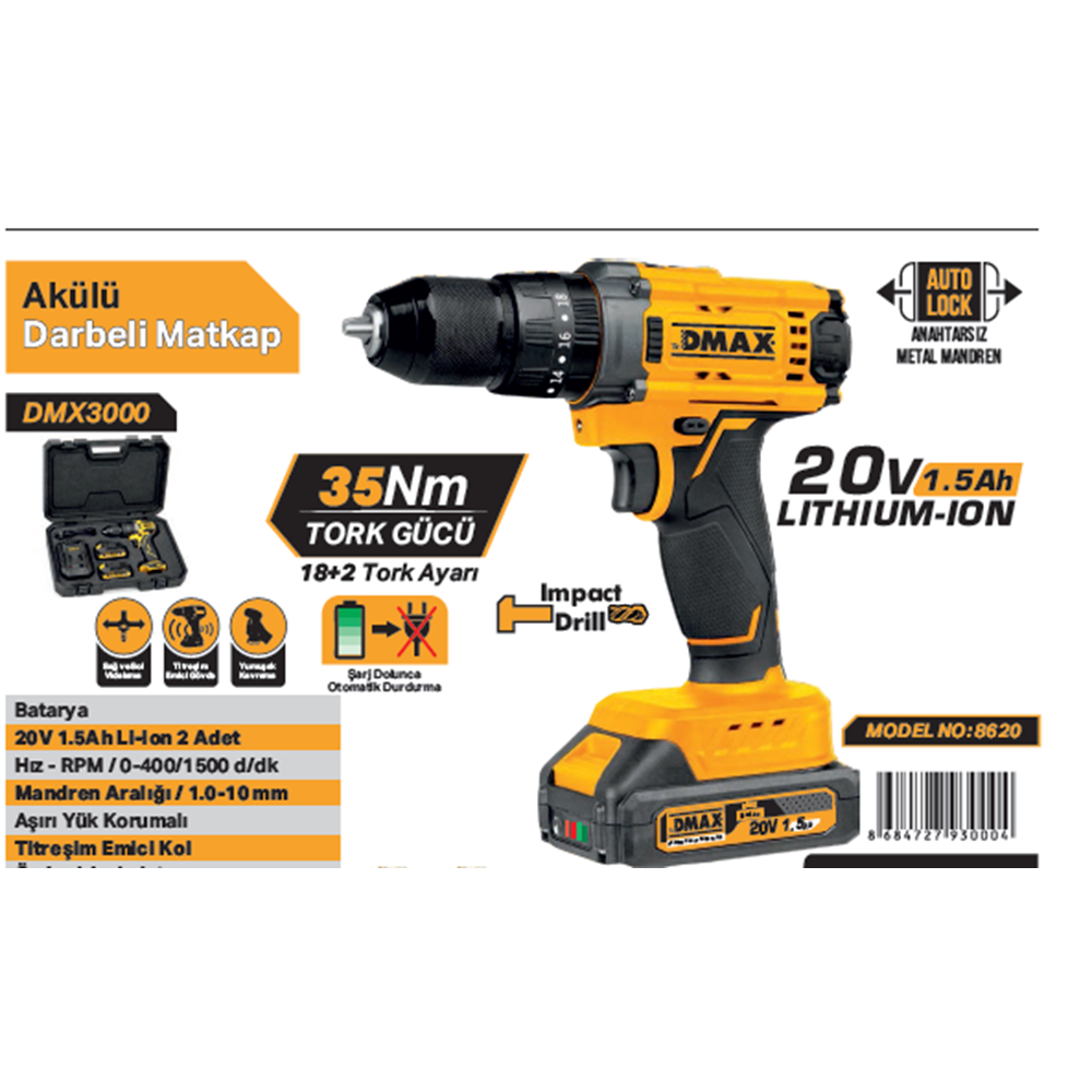 DMAX AKÜLÜ DARBELI VIDALAMA 20V 1.5Ah 8620 DMX3000