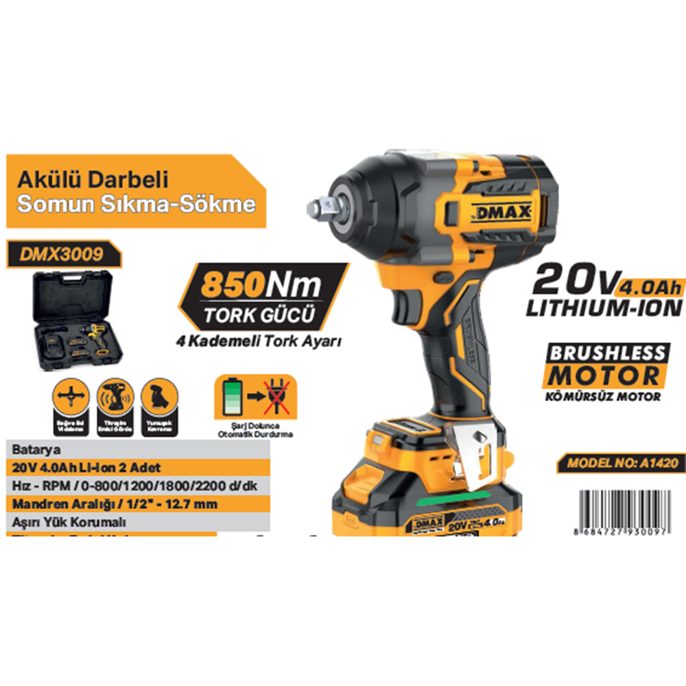 DMAX AKÜLÜ DARBELI SOMUN SIKMA 20V 4.0Ah A1420 DMX3009