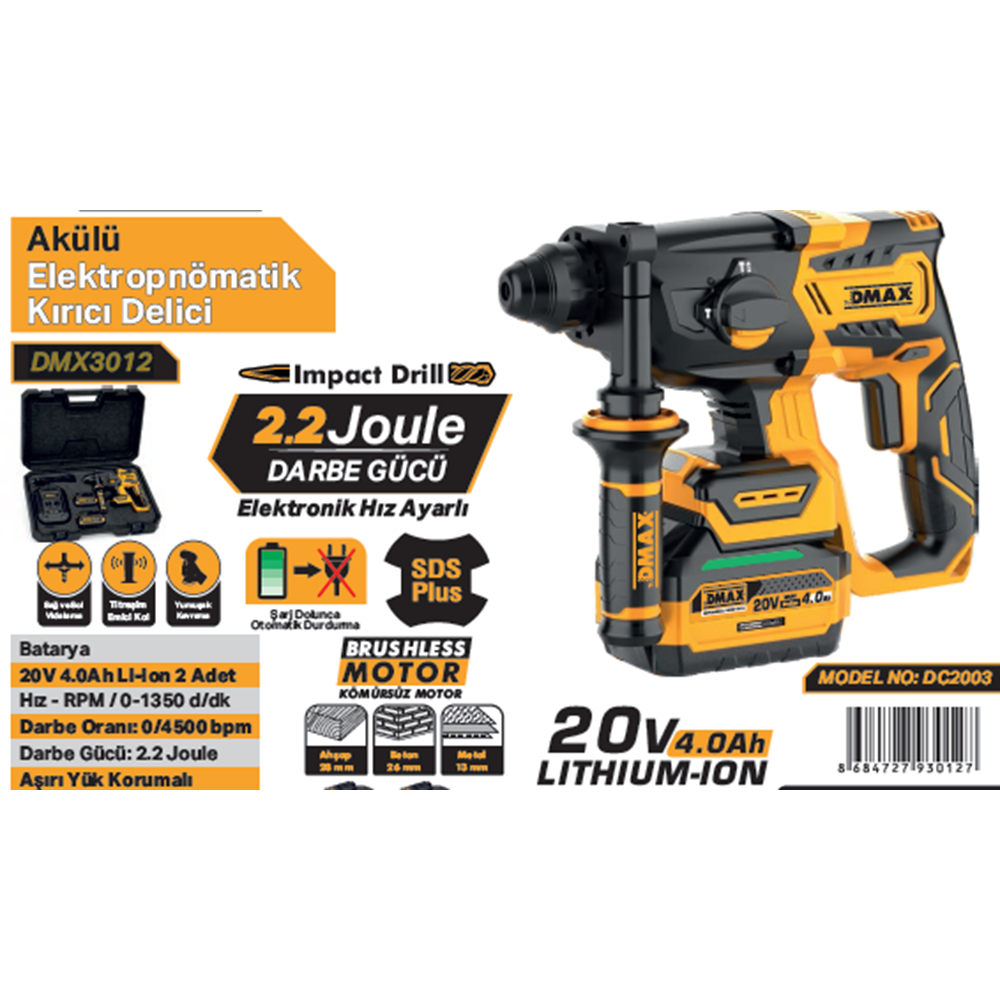 DMAX AKÜLÜ ELEKTROPNÖMATIK KIRICI DELICI 20V 4.0Ah DC2003 DMX3012