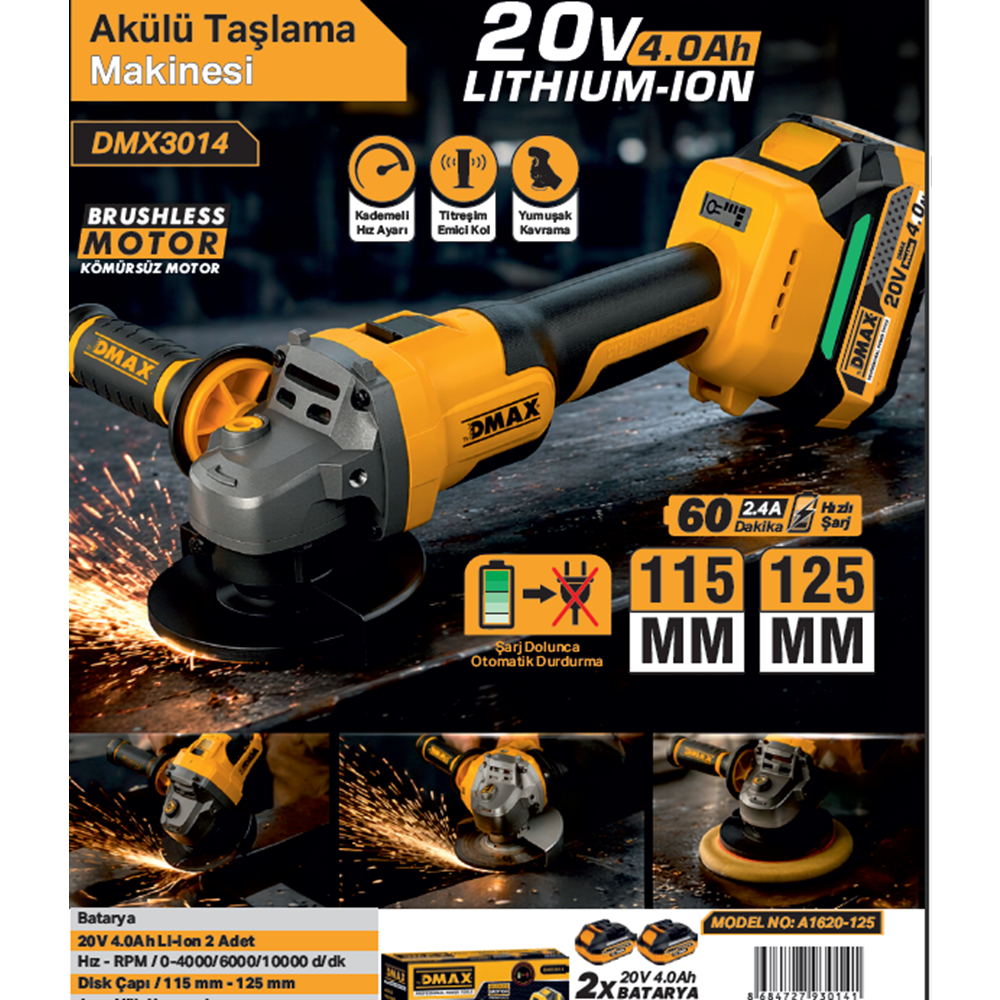 DMAX AKÜLÜ TASLAMA MAKINESI 115mm 20V 4.0Ah A1620-125 DMX3014