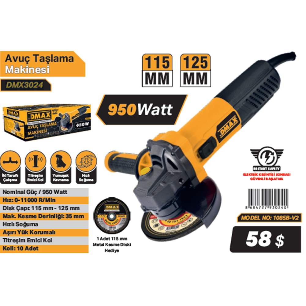DMAX AVUÇ TASLAMA 115mm 950W DMX3024
