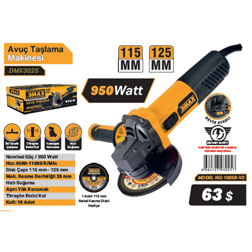 DMAX AVUS TASLAMA MAKINESI 115mm 950W DMX3025 devir ayarli