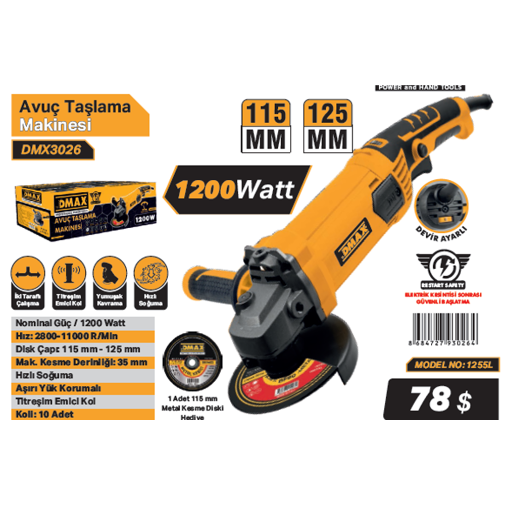DMAX AVUÇ TASLAMA MAKINESI 115mm 1200W DMX3026 devir ayarli