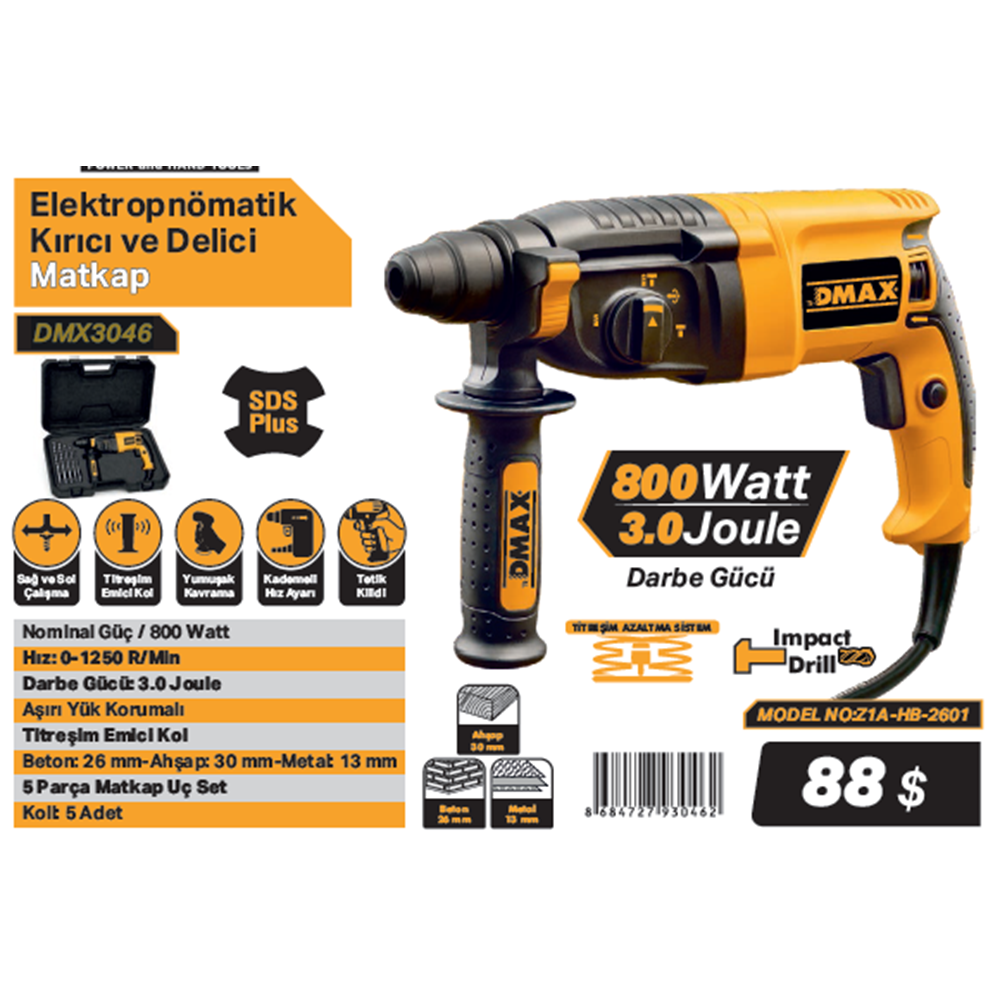 DMAX ELEKTROPNÖMATIK KIRICI DELICI 800W Z1A-HB-2601 DMX3046