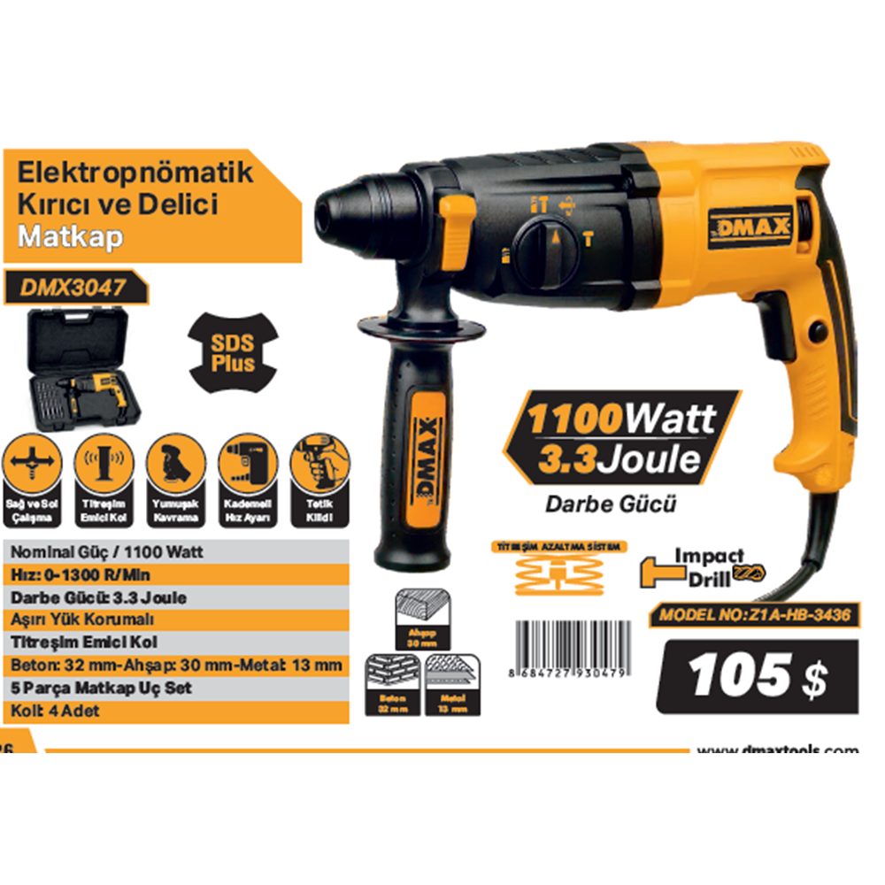 DMAX ELEKTROPNÖMATIK KIRICI DELICI 1100W Z1A-HB-3436 DMX3047