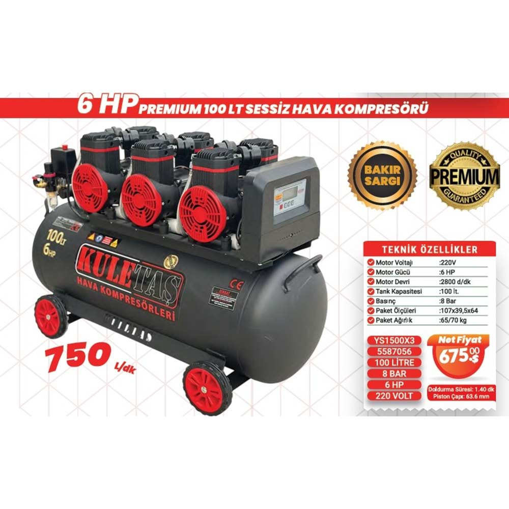 KOMPRESÖR MAKINESI 100 LT 6 HP PREMIUM SESSIZ YAGSIZ KULETAS