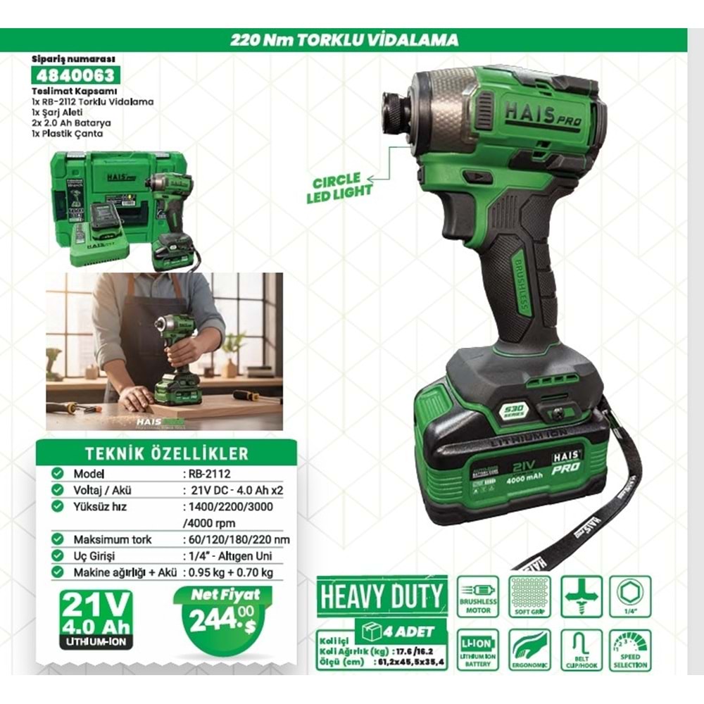 HAISPRO AKÜLÜ DELME VIDALAMA DARBELI RB-2112 (2x4.0 Ah) 21V