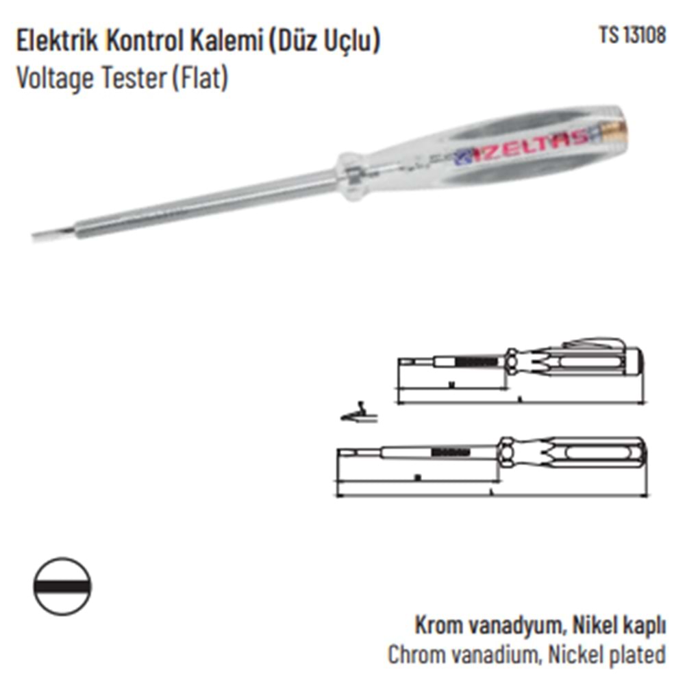 IZELTAS KONTROL KALEMI 110-250 V 19 CM (Düz Uçlu)