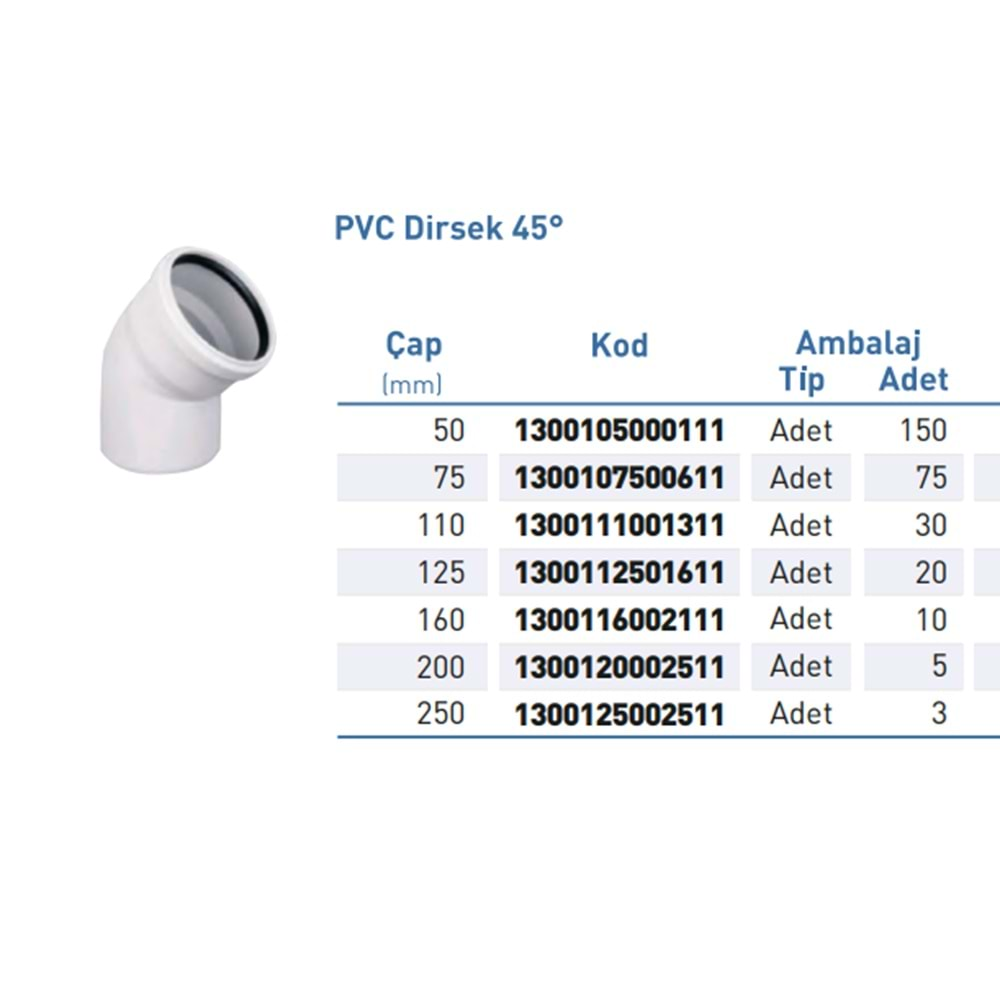 PVC ATIK SU Dirsek 45° d110