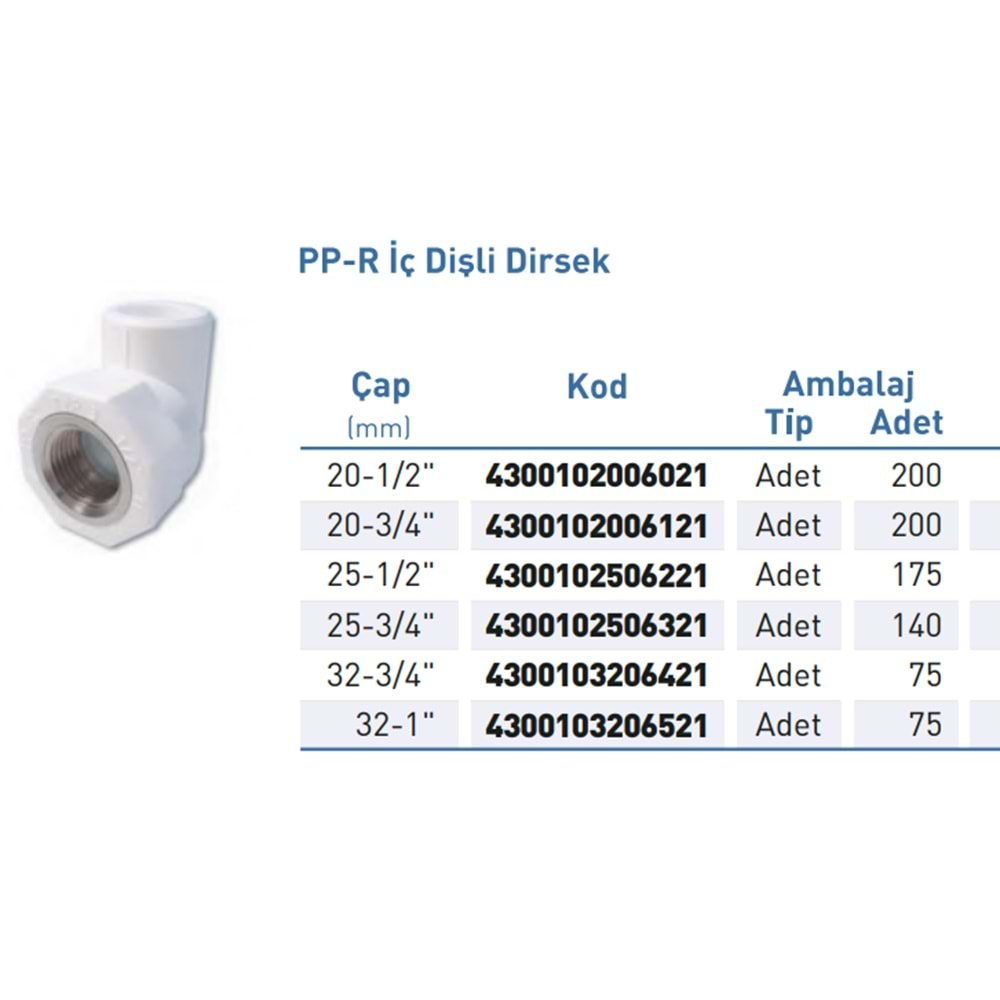 PPR Dirsek İç Diş Byz d20-1/2