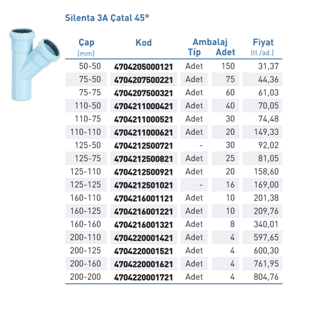 Silenta Çatal PPB Sil.3A 45° d200-200