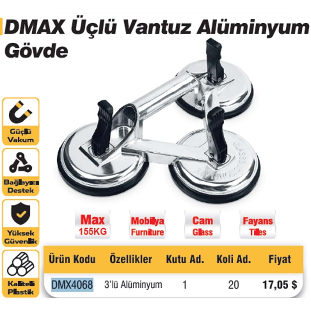 CAM VANTUZU ALÜMINYUM (ÜÇLÜ-150 KG)DMAX 4068