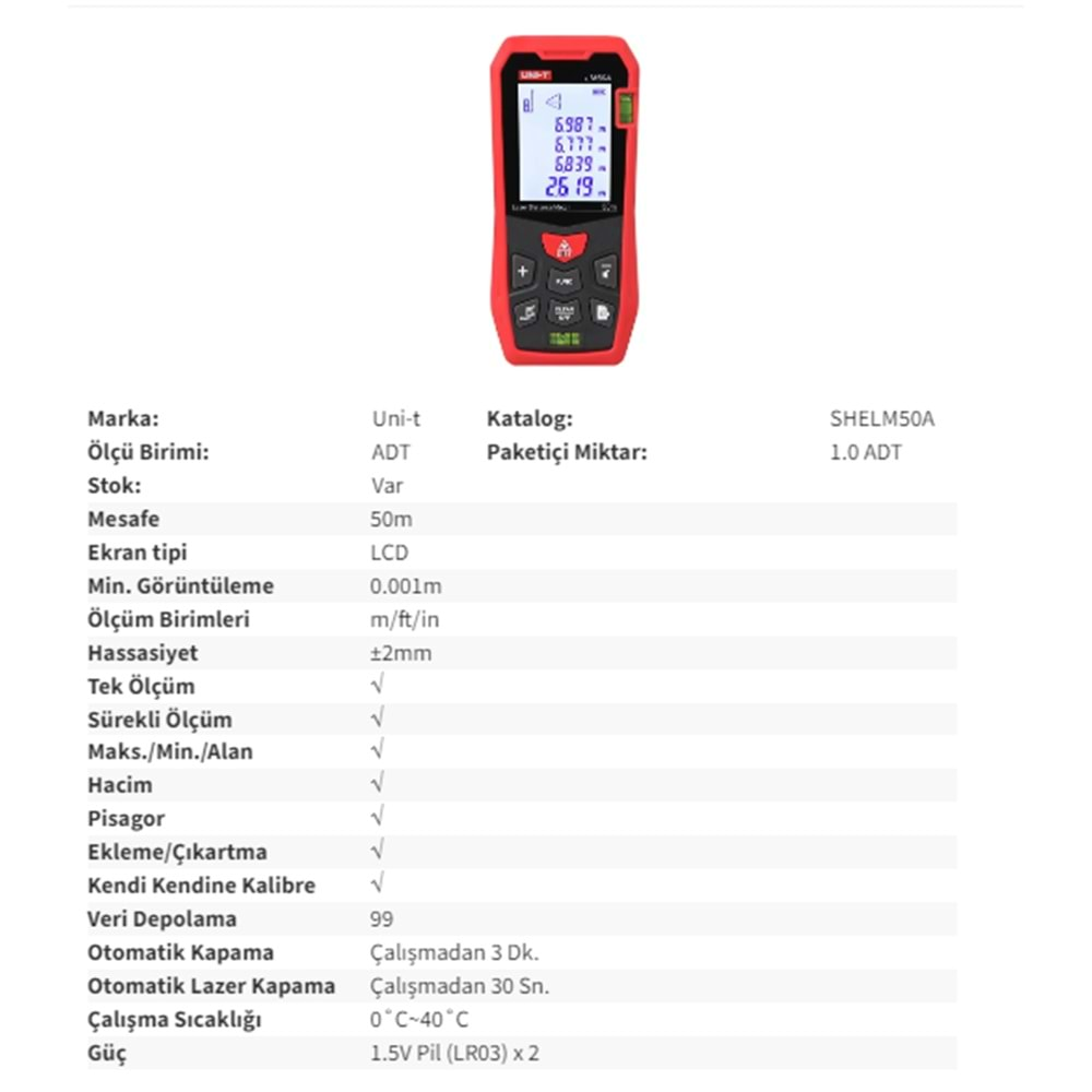 LAZER MESAFE ÖLÇER 50 Mt SHE LM50A UNİ-T