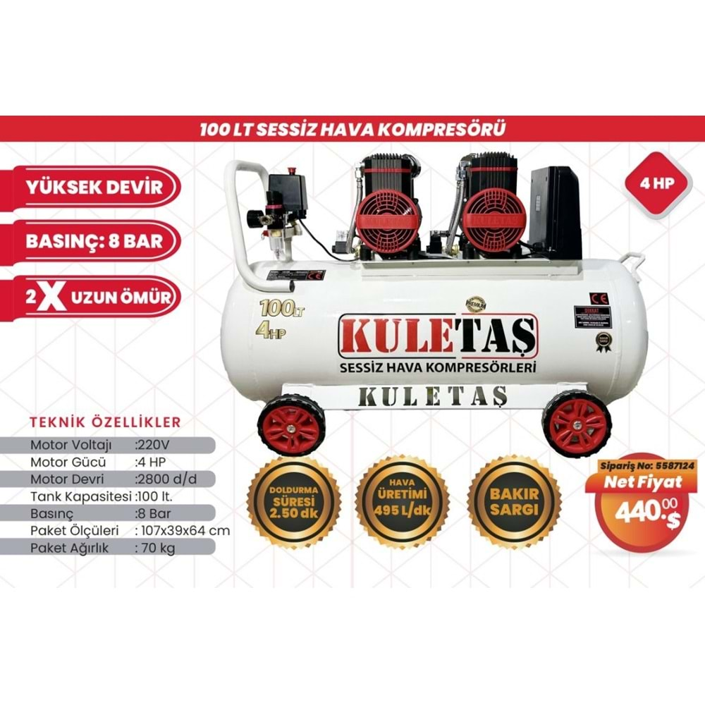 KOMPRESÖR MAKİNASI KULETAŞ 100 LT SESSİZ 4 HP 8 BAR