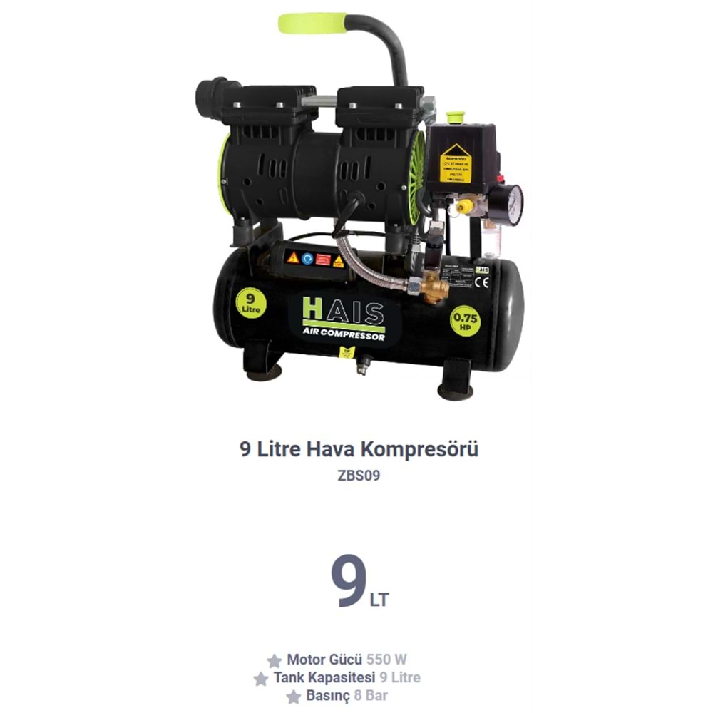 KOMPRESÖR MAKİNESİ HAIS 9 LT SESSİZ YAĞSIZ 0,75 HP