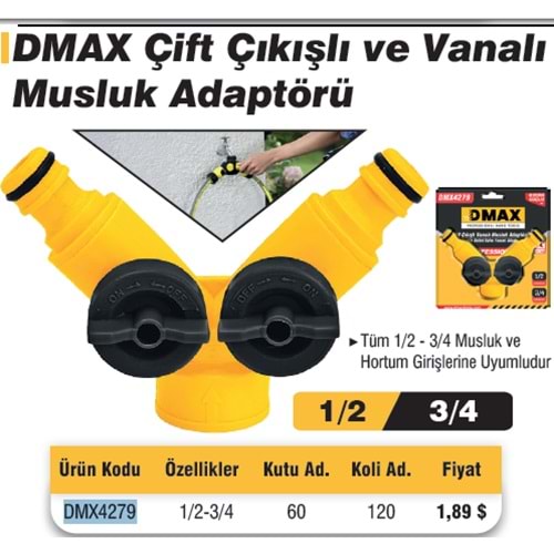 ÇIFTLI VANALI MUSLUK ADAPTÖRÜ 1/2 - 3/4 DMAX 4279