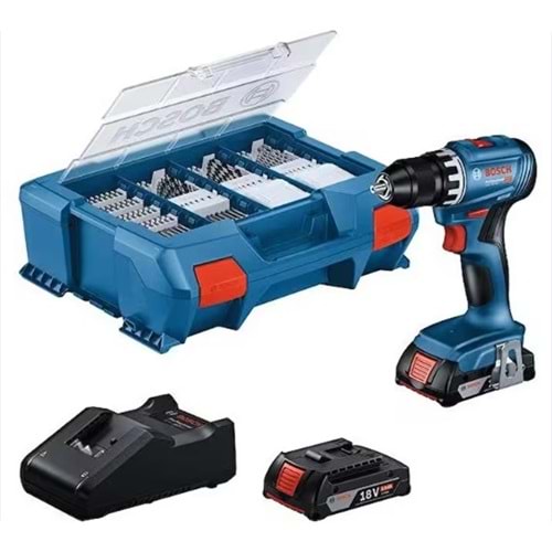 BOSCH AKÜLÜ DELME VIDALAMA GSR 18V-45 (2x2.0Ah) + 63 PARÇA Delme Vidalama uç seti