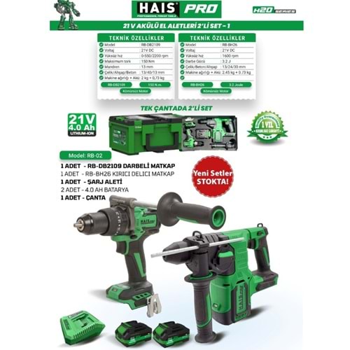 HAISPRO AKÜLÜ SET RB-02- RB-DB2109 + BH26 21V (2x4 Ah)