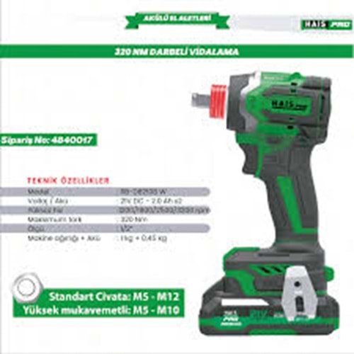 AKÜLÜ VIDALAMA LOKMA DARBELI HAIS PRO RB-DB2108W 21V-2,0AH (2x2.0 Ah)