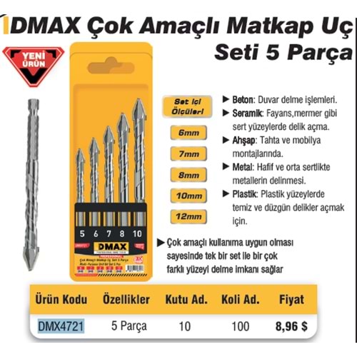ÇOK AMAÇLI MATKAP UCU SETI 5 PRÇ DMAX 4721- MULTI MATERYAL 6-7-8-10-12 MM