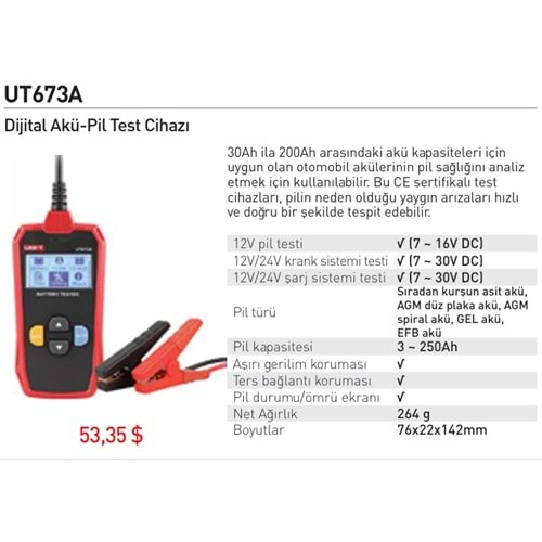DIJITAL AKÜ PIL TEST CIHAZI UNI-T UT673A