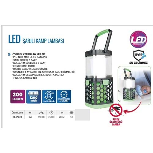 KLAUS KE47723 KAMP LAMBASI 3W 200 LUMEN 1200MAH UV MOR ISIK