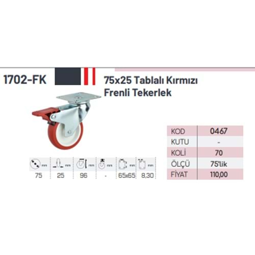 BÜRO TIPI MASA TEKERI KIRMIZI FRENLI TABLALI 1702-KF