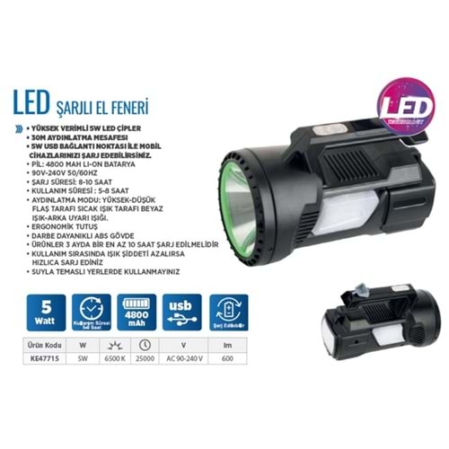 EL FENERI SARJLI LED KLAUS 5W 4800MAH KE47715