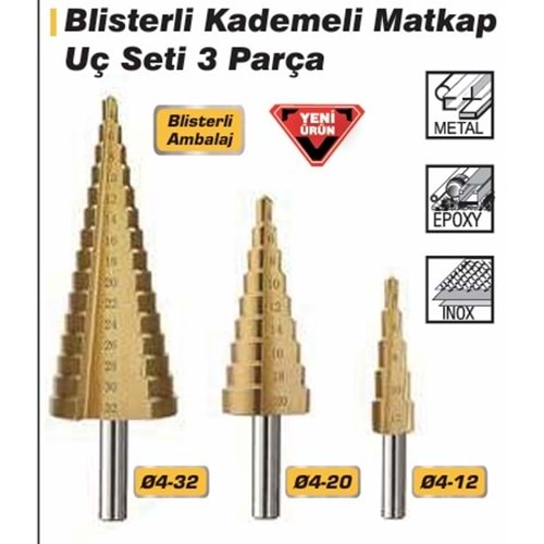 HSS KADEMELI MATKAP UCU SETI DMAX 3 PARÇA 2291
