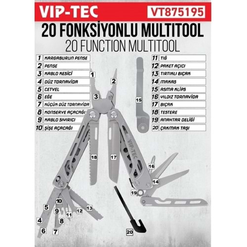 KATLANABILIR 20 FOKSIYONLU MULTITOOL VIP-TEC VT875195