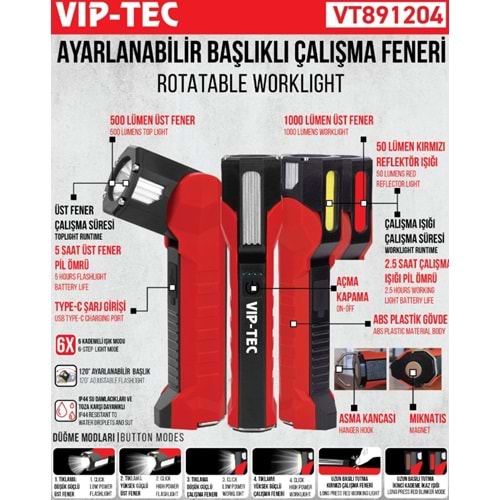 BASLIKLI AYARLANABILIR ÇALISMA FENERI VIP-TEC VT891204