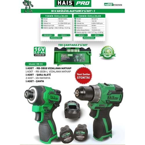 HAISPRO AKÜLÜ RB-03- RB-0816 + RB-1608 16V 2 LI SET