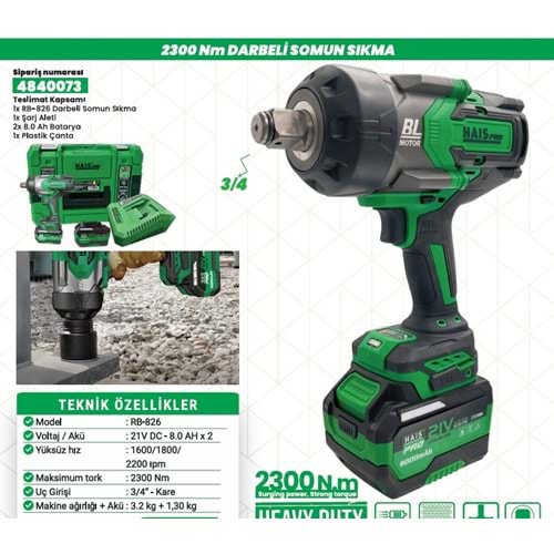 HAISPRO AKÜLÜ DARBELI SOMUN SIKMA 2300NM RB-826 (2x8.0 Ah) 21V