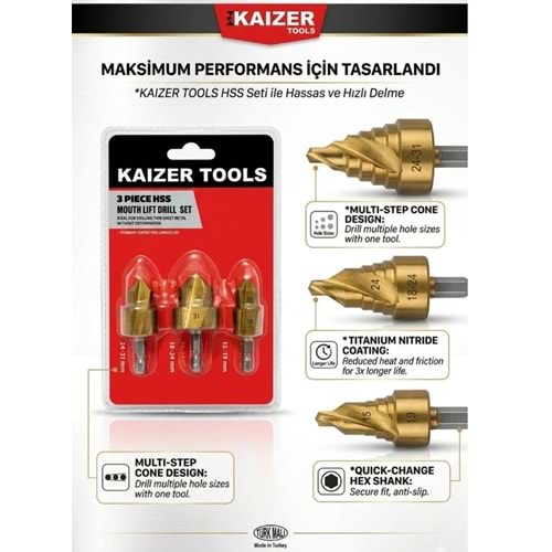 HAVSA MATKAP UCU SETI 3 PARÇA KAIZER TOOLS(Boru Genisletme Ve Delme Ucu Seti)