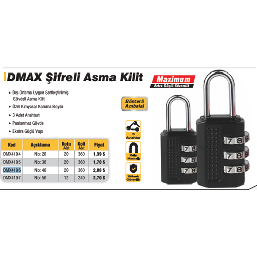 ASMA KILIT SARI SIFRELI 40 MM DMAX S4196