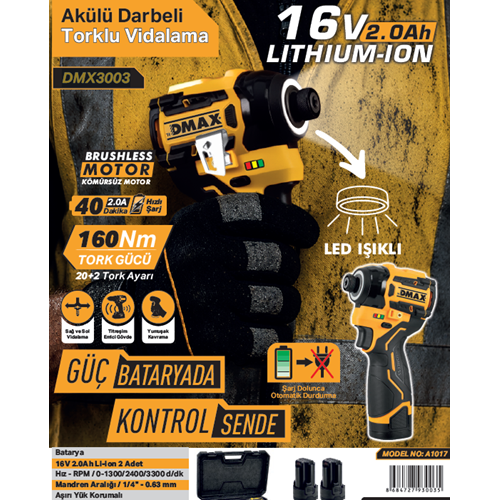 DMAX AKÜLÜ DARBELI TORKLU VIDALAMA 16V 2.0Ah A1017 DMX3003
